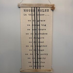 NWT Mud Pie House Rules Fabric Wall Hanging Sign Farmhouse Tan Extra Large Decor
